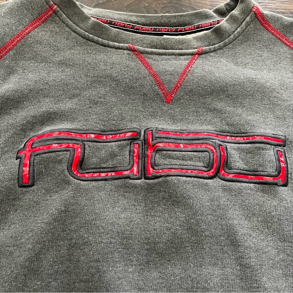 Vintage FUBU red gray rugby pullover crewneck Spellout sweatshirt 2XL hip hop - Picture 2 of 12